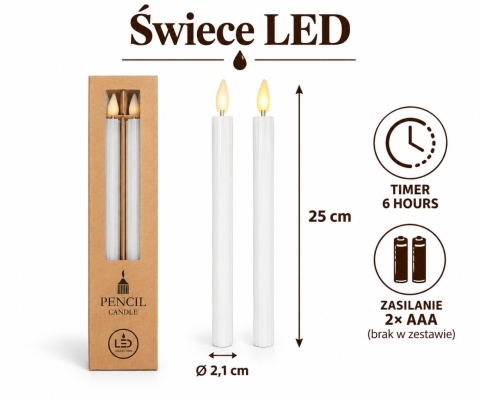 Świeca woskowa LED kpl.2 szt - 25 x 2,1 cm, biały