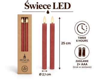 Świeca woskowa LED kpl.2 szt - 25 x 2,1 cm, czerwony