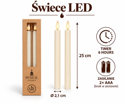 Świeca woskowa LED kpl.2 szt - 25 x 2,1 cm, krem
