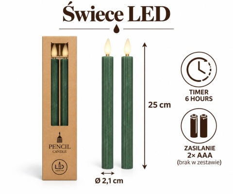 Świeca woskowa LED kpl.2 szt - 25 x 2,1 cm, zielony