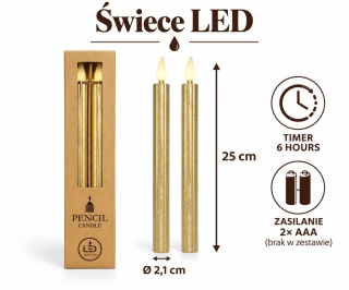 Świeca woskowa LED kpl.2 szt - 25 x 2,1 cm, złoty