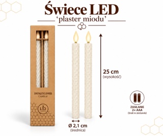 Świeca woskowa LED 'plaster miodu' kpl.2 szt - 25 x 2,1 cm, biały