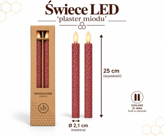 Świeca woskowa LED 'plaster miodu' kpl.2 szt - 25 x 2,1 cm, burgundy