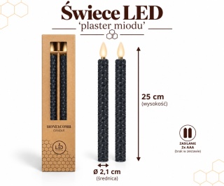 Świeca woskowa LED 'plaster miodu' kpl.2 szt - 25 x 2,1 cm, czarny