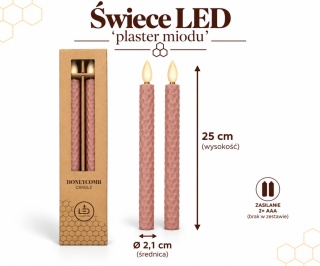 Świeca woskowa LED 'plaster miodu' kpl.2 szt - 25 x 2,1 cm, różowy