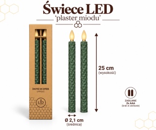 Świeca woskowa LED 'plaster miodu' kpl.2 szt - 25 x 2,1 cm, zielony