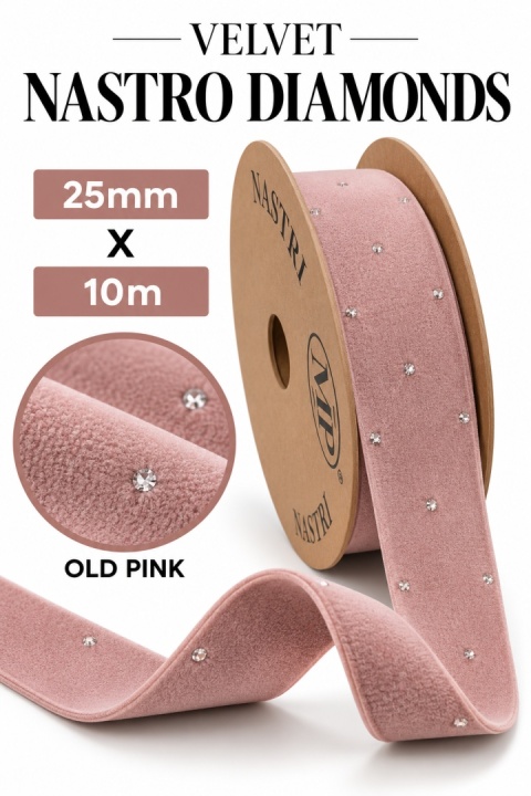 Włoska wstążka NASTRO XMAS DIAMONDS 25mm x 10m, OLD PINK