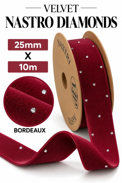 Włoska wstążka NASTRO XMAS DIAMONDS 25mm x 10m, BORDEAUX