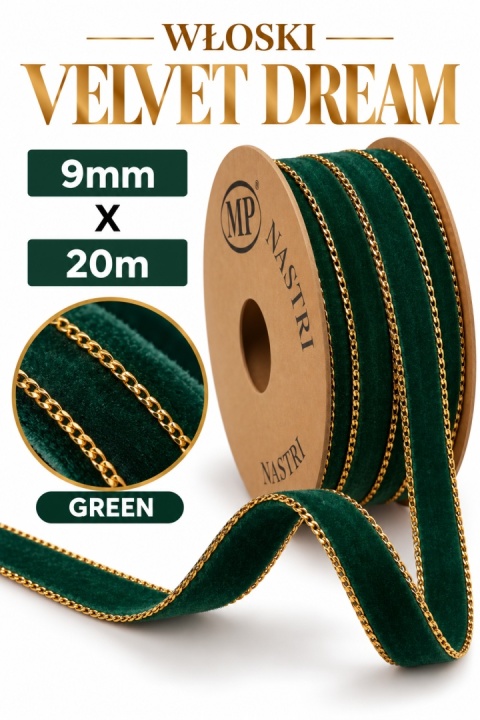 Wstążka NASTRO VELVET DREAM 9mm x 20m, GREEN