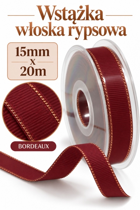 Wstążka włoska GOLD LINE GROS GRAIN 15mm x 20m, bordeaux
