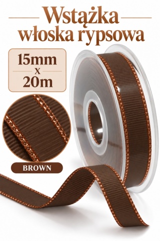 Wstążka włoska GOLD LINE GROS GRAIN 15mm x 20m, brown