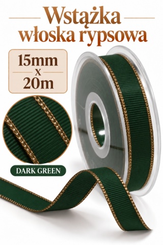 Wstążka włoska GOLD LINE GROS GRAIN 15mm x 20m, dark green