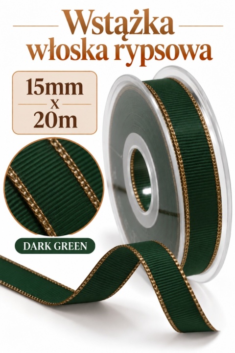 Wstążka włoska GOLD LINE GROS GRAIN 15mm x 20m, dark green