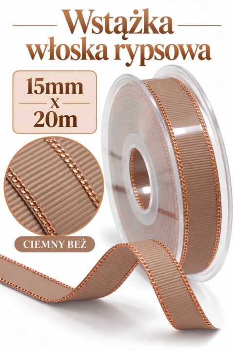 Wstążka włoska GOLD LINE GROS GRAIN 15mm x 20m, skin