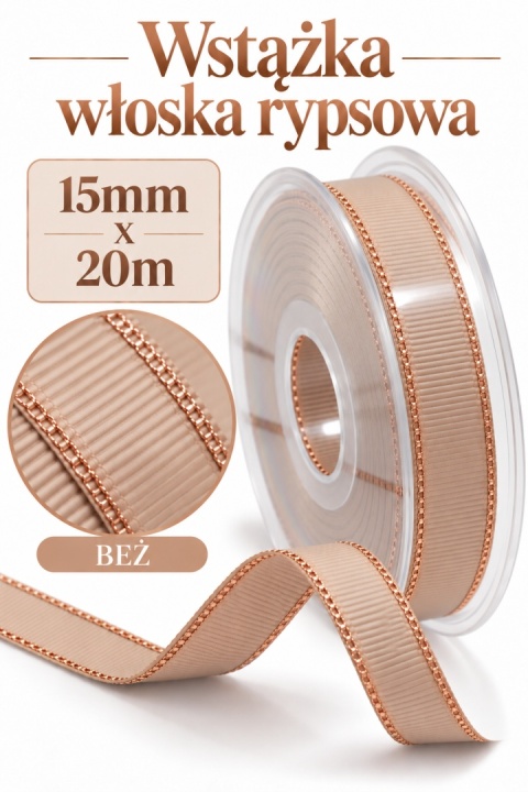Wstążka włoska GOLD LINE GROS GRAIN 15mm x 20m, turtle-dove