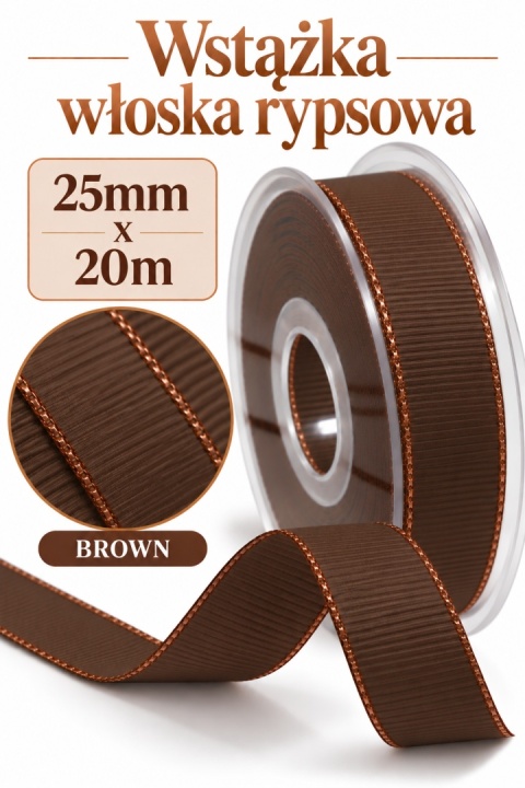 Wstążka włoska GOLD LINE GROS GRAIN 25mm x 20m, brown