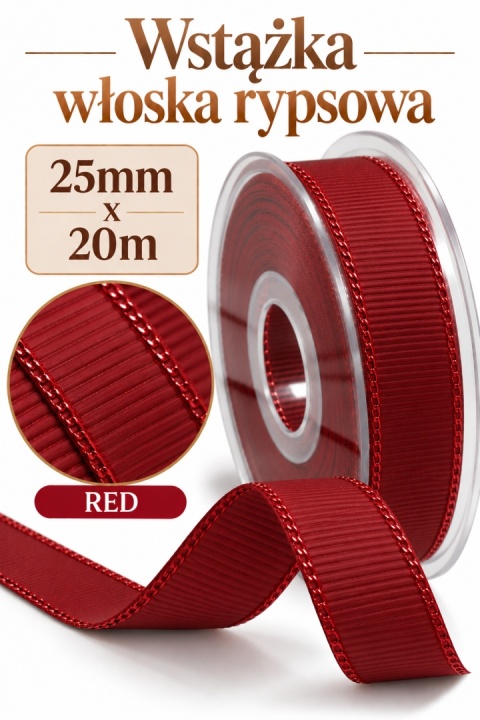 Wstążka włoska GOLD LINE GROS GRAIN 25mm x 20m, red