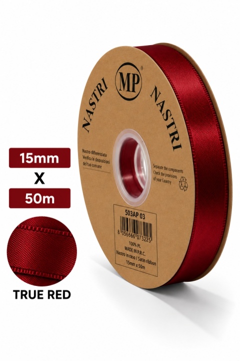Wstążka włoska LIGHT DOUBLE SATIN 1,5cm 50m TRUE RED