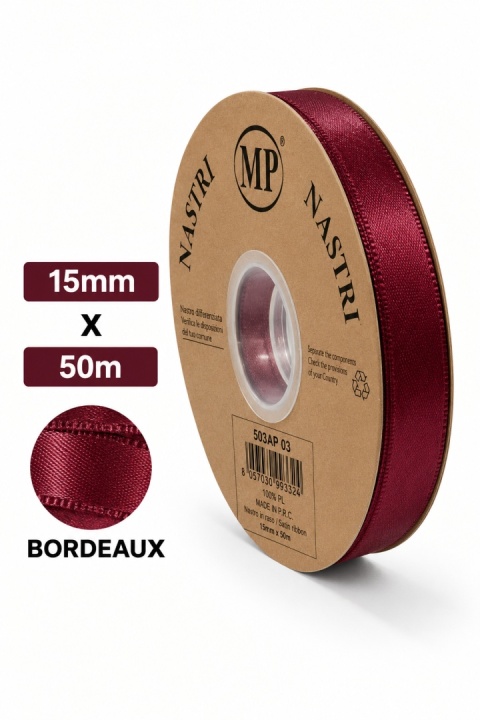 Wstążka włoska LIGHT DOUBLE SATIN 1,5cm 50m BORDEAUX