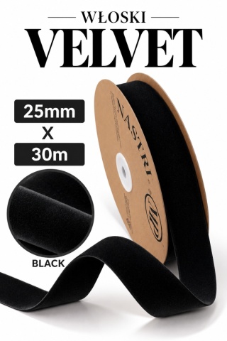 Wstążka włoska NASTRI DOUBLE VELVET – 2,5 cm × 30 m, welur, kolor: czarny