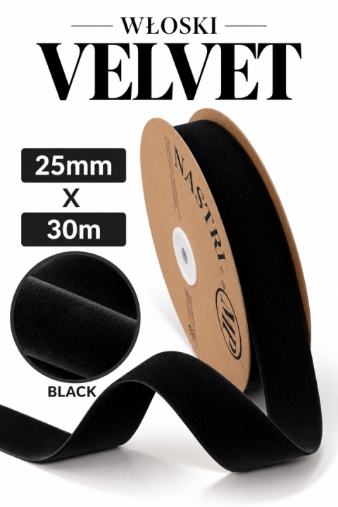 Wstążka włoska NASTRI DOUBLE VELVET – 2,5 cm × 30 m, welur, kolor: czarny