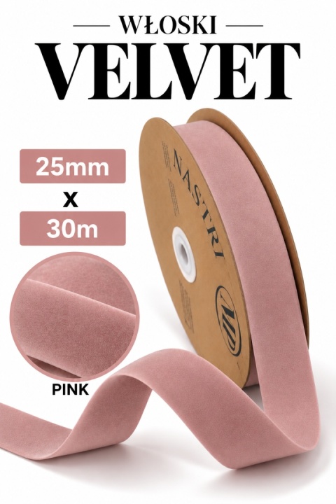 Wstążka włoska NASTRI DOUBLE VELVET – 2,5 cm × 30 m, welur, kolor: cielisty