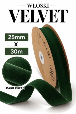 Wstążka włoska NASTRI DOUBLE VELVET – 2,5 cm × 30 m, welur, kolor: ciemna zieleń