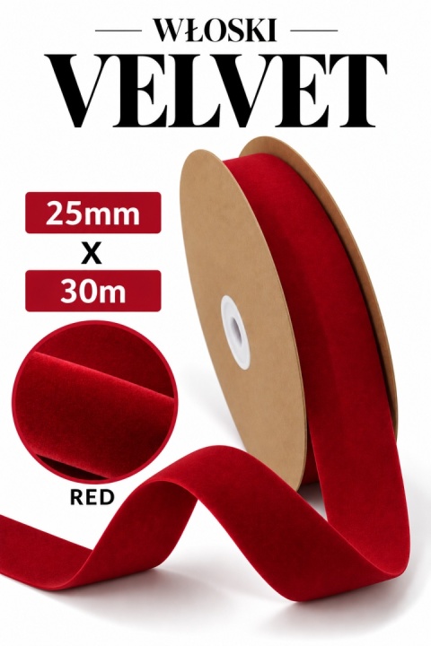 Wstążka włoska NASTRI DOUBLE VELVET – 2,5 cm × 30 m, welur, kolor: czerwony