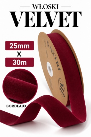 Wstążka włoska NASTRI DOUBLE VELVET – 2,5 cm × 30 m, welur, kolor: bordo