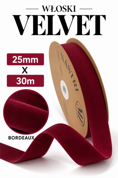 Wstążka włoska NASTRI DOUBLE VELVET – 2,5 cm × 30 m, welur, kolor: bordo