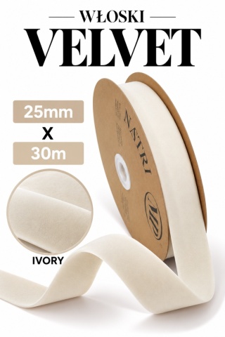 Wstążka włoska NASTRI DOUBLE VELVET – 2,5 cm × 30 m, welur, kolor: ivory