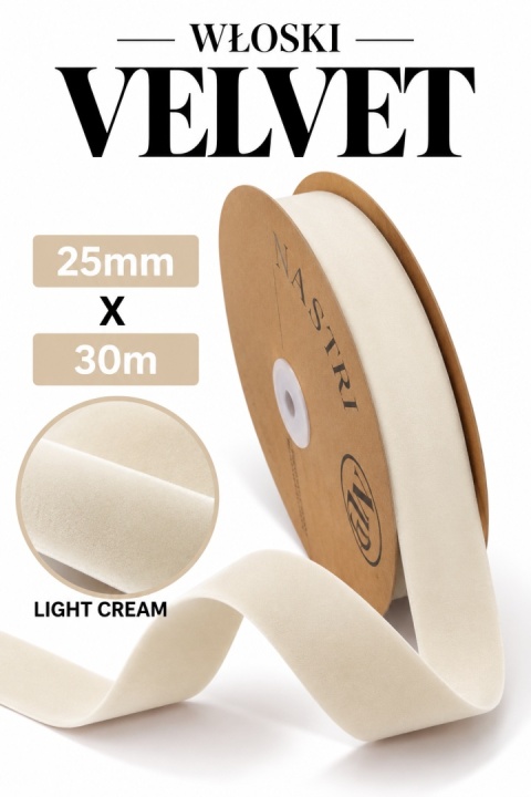 Wstążka włoska NASTRI DOUBLE VELVET – 2,5 cm × 30 m, welur, kolor: jasny krem