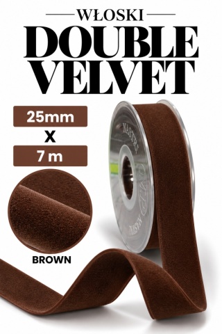 Wstążka włoska NASTRI DOUBLE VELVET – 2,5 cm × 7 m, welur, kolor: brąz
