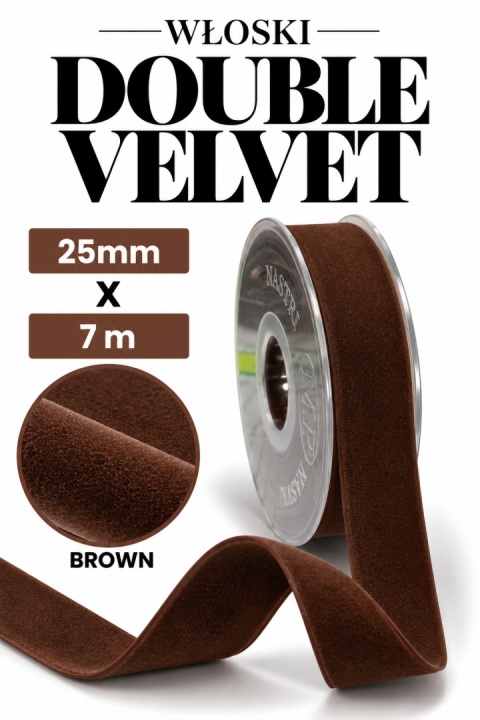 Wstążka włoska NASTRI DOUBLE VELVET – 2,5 cm × 7 m, welur, kolor: brąz