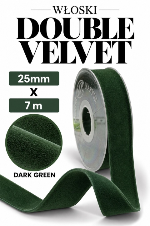 Wstążka włoska NASTRI DOUBLE VELVET – 2,5 cm × 7 m, welur, kolor: ciemny zielony