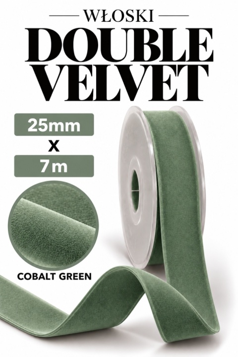 Wstążka włoska NASTRI DOUBLE VELVET – 2,5 cm × 7 m, welur, kolor: cobaltowa green