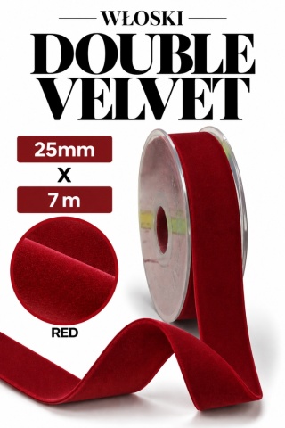 Wstążka włoska NASTRI DOUBLE VELVET – 2,5 cm × 7 m, welur, kolor: czerwony