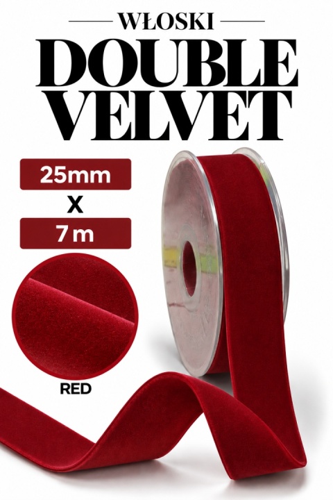Wstążka włoska NASTRI DOUBLE VELVET – 2,5 cm × 7 m, welur, kolor: czerwony