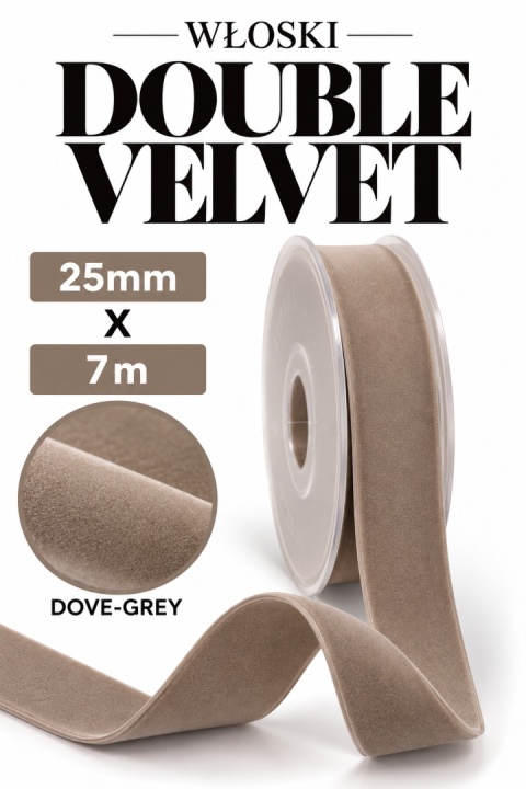 Wstążka włoska NASTRI DOUBLE VELVET – 2,5 cm × 7 m, welur, kolor: beżowy