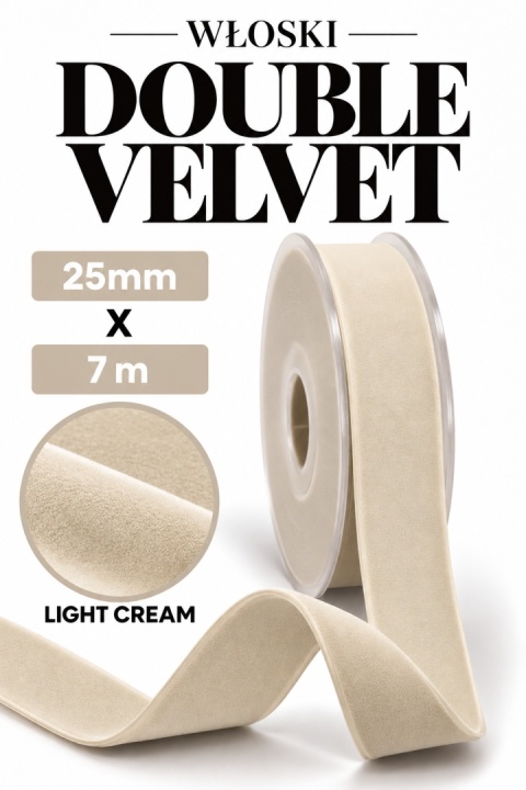 Wstążka włoska NASTRI DOUBLE VELVET – 2,5 cm × 7 m, welur, kolor: krem