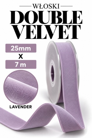 Wstążka włoska NASTRI DOUBLE VELVET – 2,5 cm × 7 m, welur, kolor: lavender