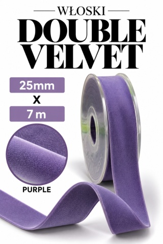 Wstążka włoska NASTRI DOUBLE VELVET – 2,5 cm × 7 m, welur, kolor: fiolet