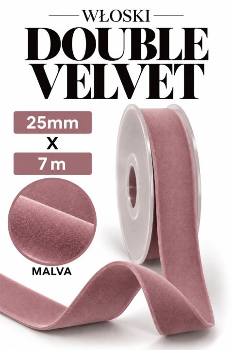 Wstążka włoska NASTRI DOUBLE VELVET – 2,5 cm × 7 m, welur, kolor: malva