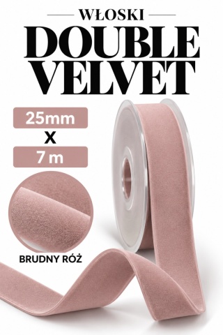Wstążka włoska NASTRI DOUBLE VELVET – 2,5 cm × 7 m, welur, kolor: róż