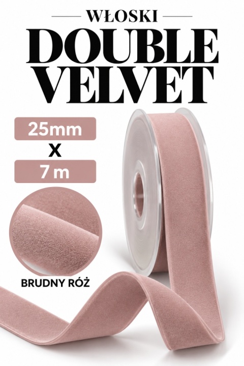 Wstążka włoska NASTRI DOUBLE VELVET – 2,5 cm × 7 m, welur, kolor: róż