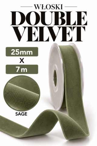 Wstążka włoska NASTRI DOUBLE VELVET – 2,5 cm × 7 m, welur, kolor: sage