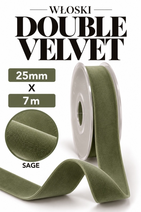 Wstążka włoska NASTRI DOUBLE VELVET – 2,5 cm × 7 m, welur, kolor: sage