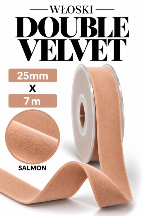 Wstążka włoska NASTRI DOUBLE VELVET – 2,5 cm × 7 m, welur, kolor: salmon