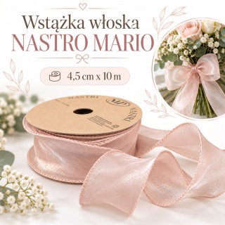 Wstążka włoska NASTRI MARIO – 4,5 cm × 10 m, na żyłce, ciemny róż