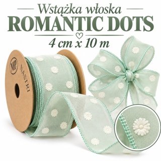 Wstążka włoska NASTRI ROMANTIC – 4 cm × 10 m, szyfon, miętowy
